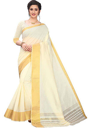 Woven Border Art Silk Saree in Cream