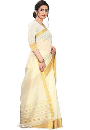 Woven Border Art Silk Saree in Cream