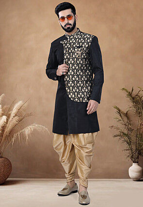 Woven Border Art Silk Sherwani in Black