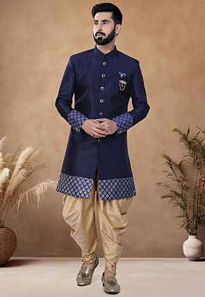 Woven Border Art Silk Sherwani in Navy Blue
