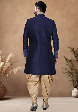 Woven Border Art Silk Sherwani in Navy Blue