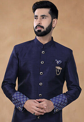Woven Border Art Silk Sherwani in Navy Blue