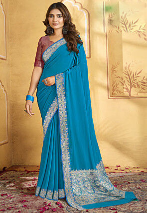 Woven Border Chiffon Saree in Blue