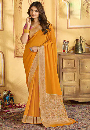 Woven Border Chiffon Saree in Mustard