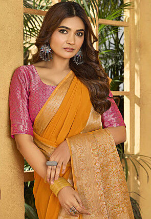 Woven Border Chiffon Saree in Mustard