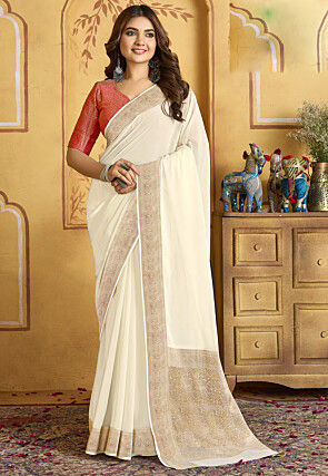 Woven Border Chiffon Saree in White