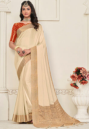 Buy 40/M Size Cream Chiffon Plus Size Sarees Online for Women in USA