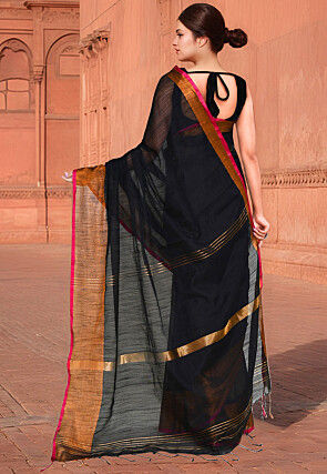 Woven Border Cotton Saree in Black