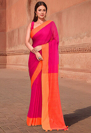 Woven Border Cotton Saree in Fuchsia and Orange
