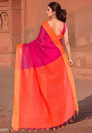 Woven Border Cotton Saree in Fuchsia and Orange