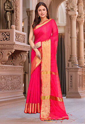 Woven Border Cotton Saree in Fuchsia