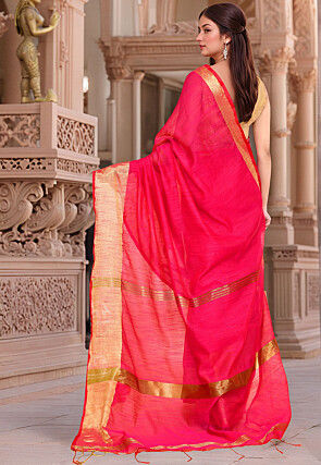 Woven Border Cotton Saree in Fuchsia