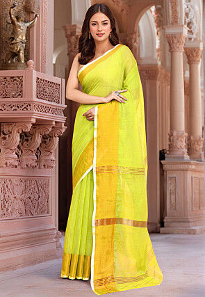 Woven Border Cotton Saree in Light Green