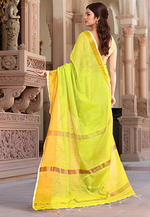 Woven Border Cotton Saree in Light Green