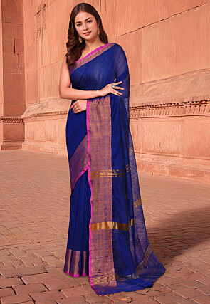 Woven Border Cotton Saree in Navy Blue