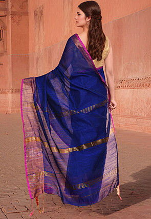 Woven Border Cotton Saree in Navy Blue