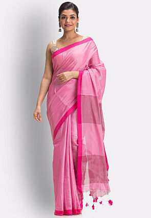 Woven Border Cotton Saree in Pink