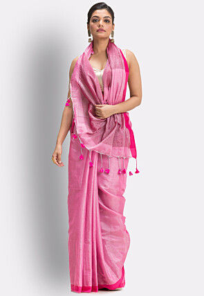 Woven Border Cotton Saree in Pink