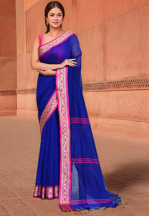 Woven Border Cotton Saree in Royal Blue