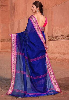 Woven Border Cotton Saree in Royal Blue