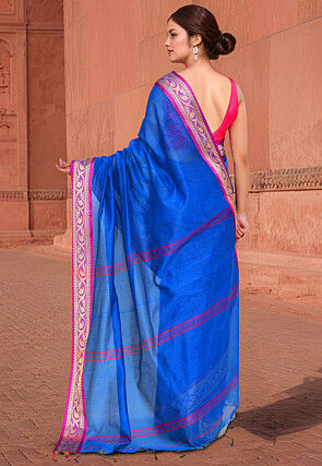Woven Border Cotton Saree in Royal Blue