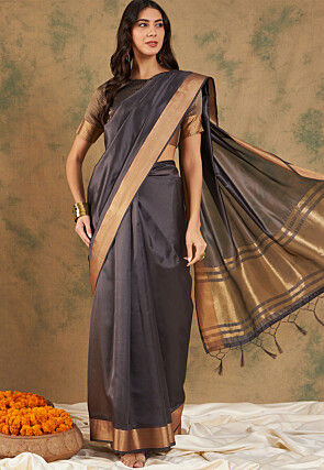 Woven Border Cotton Silk Saree in Dusty Blue