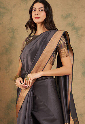 Woven Border Cotton Silk Saree in Dusty Blue