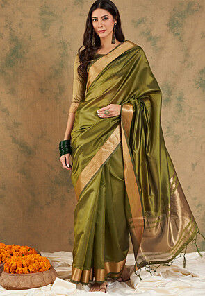 Woven Border Cotton Silk Saree in Olive Green