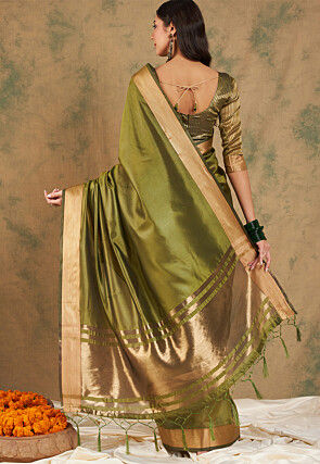 Woven Border Cotton Silk Saree in Olive Green