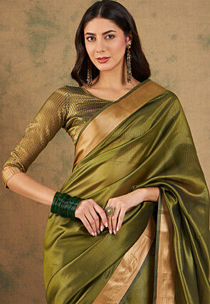 Woven Border Cotton Silk Saree in Olive Green