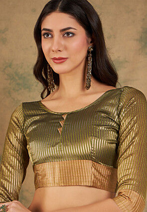 Woven Border Cotton Silk Saree in Olive Green