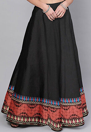 Woven Border Cotton Umbrella Skirt in Black