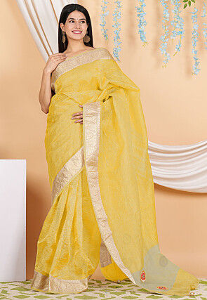 Woven Border Crush Tissue Saree in Yellow