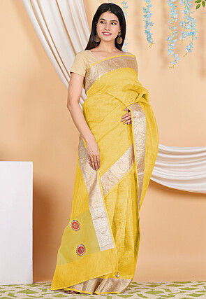 Woven Border Crush Tissue Saree in Yellow