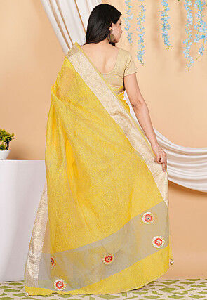 Woven Border Crush Tissue Saree in Yellow