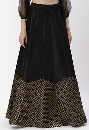 Woven Border Dupion Silk A Line Skirt in Black