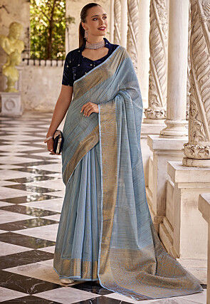 Woven Border Linen Cotton Saree in Light Blue
