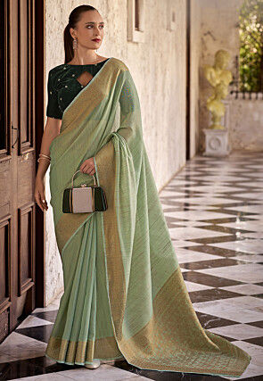 Woven Border Linen Cotton Saree in Light Green