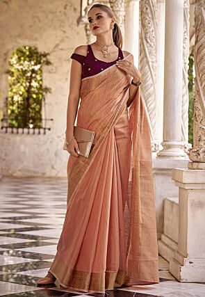 Woven Border Linen Cotton Saree in Peach