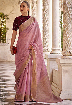 Woven Border Linen Cotton Saree in Pink