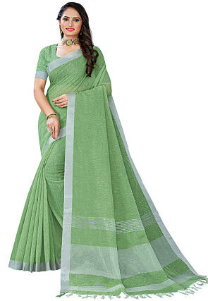 Woven Border Linen Saree in Light Green