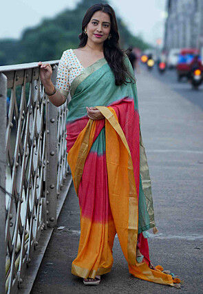 Woven Border Linen Saree in Multicolor