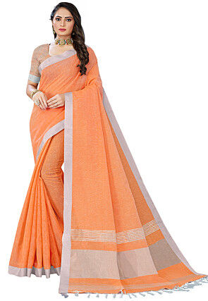 Woven Border Linen Saree in Orange