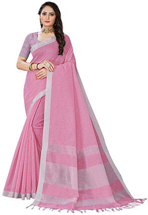 Woven Border Linen Saree in Pink