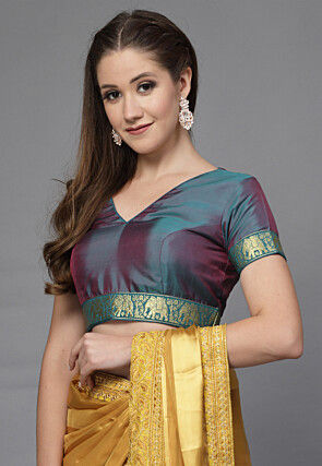 Woven Border Matka Silk Blouse in Teal Blue