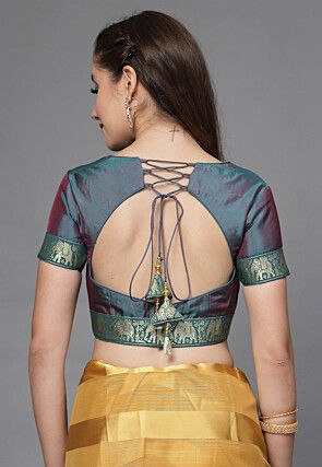 Woven Border Matka Silk Blouse in Teal Blue