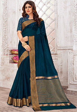 Solid Color Chiffon Shimmer Saree in Teal Blue : SYLA660