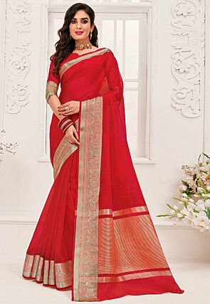 Net Party Wear Saree in Red and Maroon with Thread work | Cores