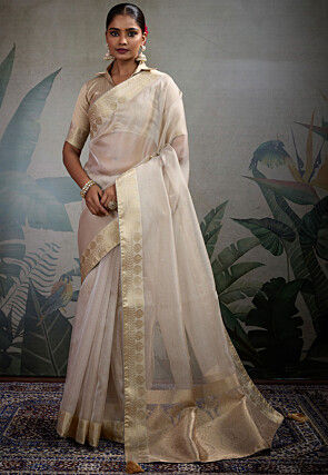 Woven Border Tissue Silk Saree in Cream