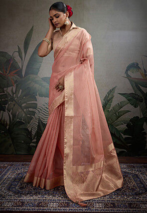 Woven Border Tissue Silk Saree in Peach